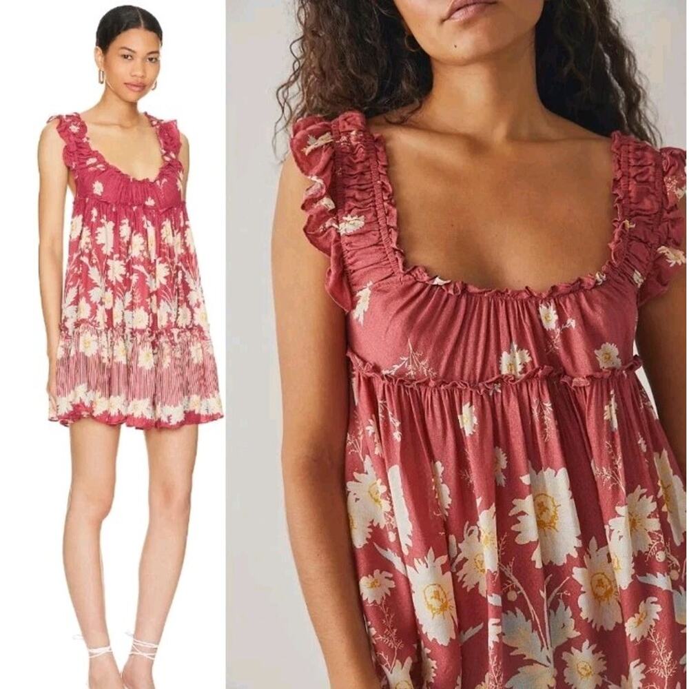 Free People Bali Wild Daisy Babydoll Dress Renaissance Red Combo Size Large $88 - Picture 2 of 5